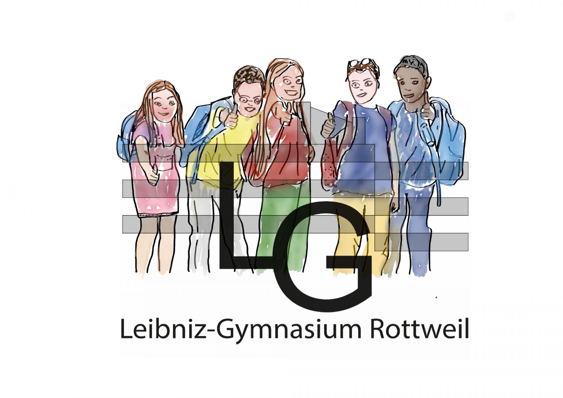 Illustration Schüler lachen, zeigen den Daumen nach oben vor dem Logo des Leibniz Gymnasiums