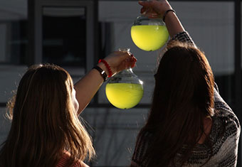 Zwei Schülerinnen halten zwei Reagenzgläser mit grüner Flüssigkeit gegen das Licht